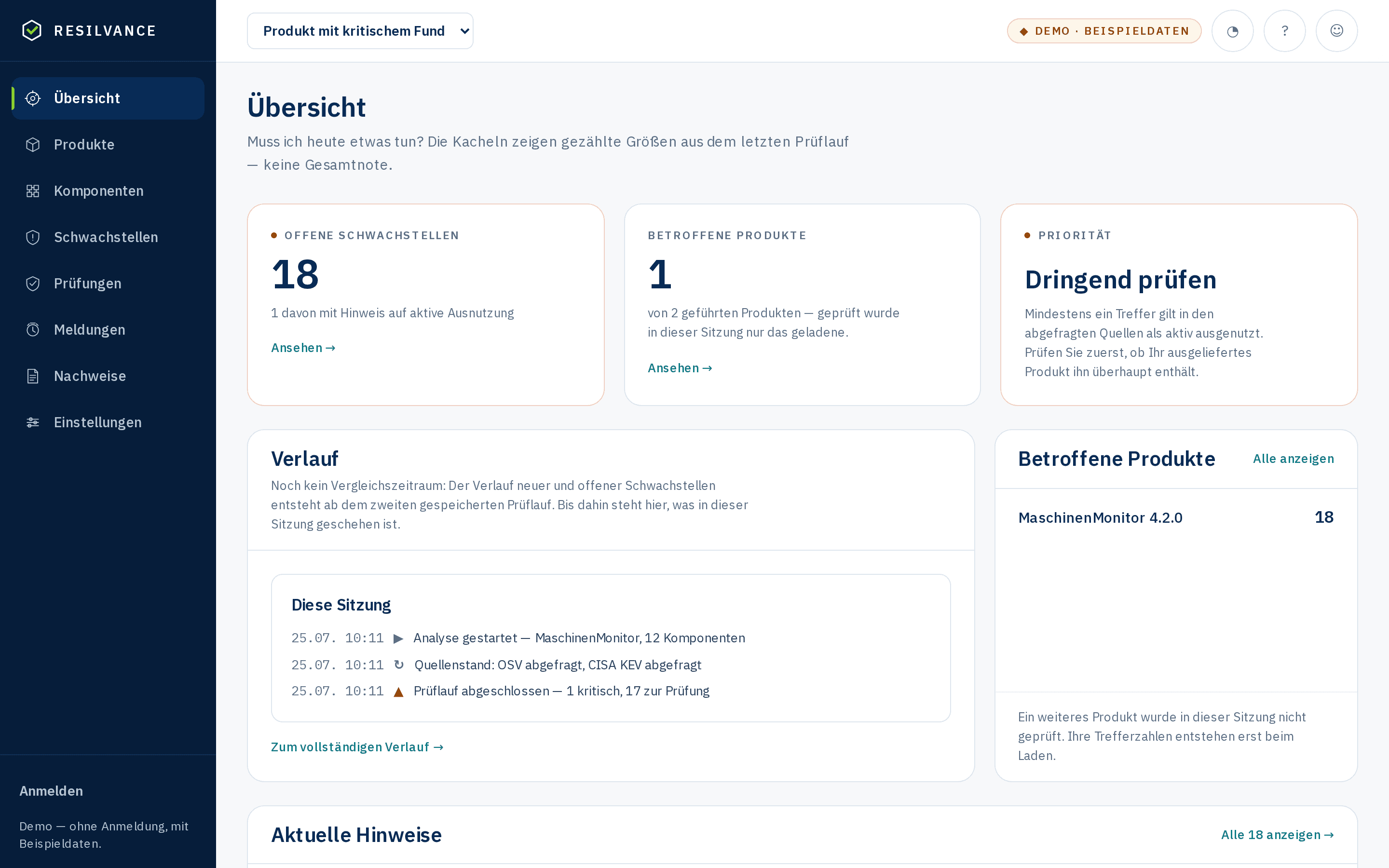 Resilvance-Übersicht mit offenen Schwachstellen, betroffenen Produkten und aktuellen Prüfschritten
